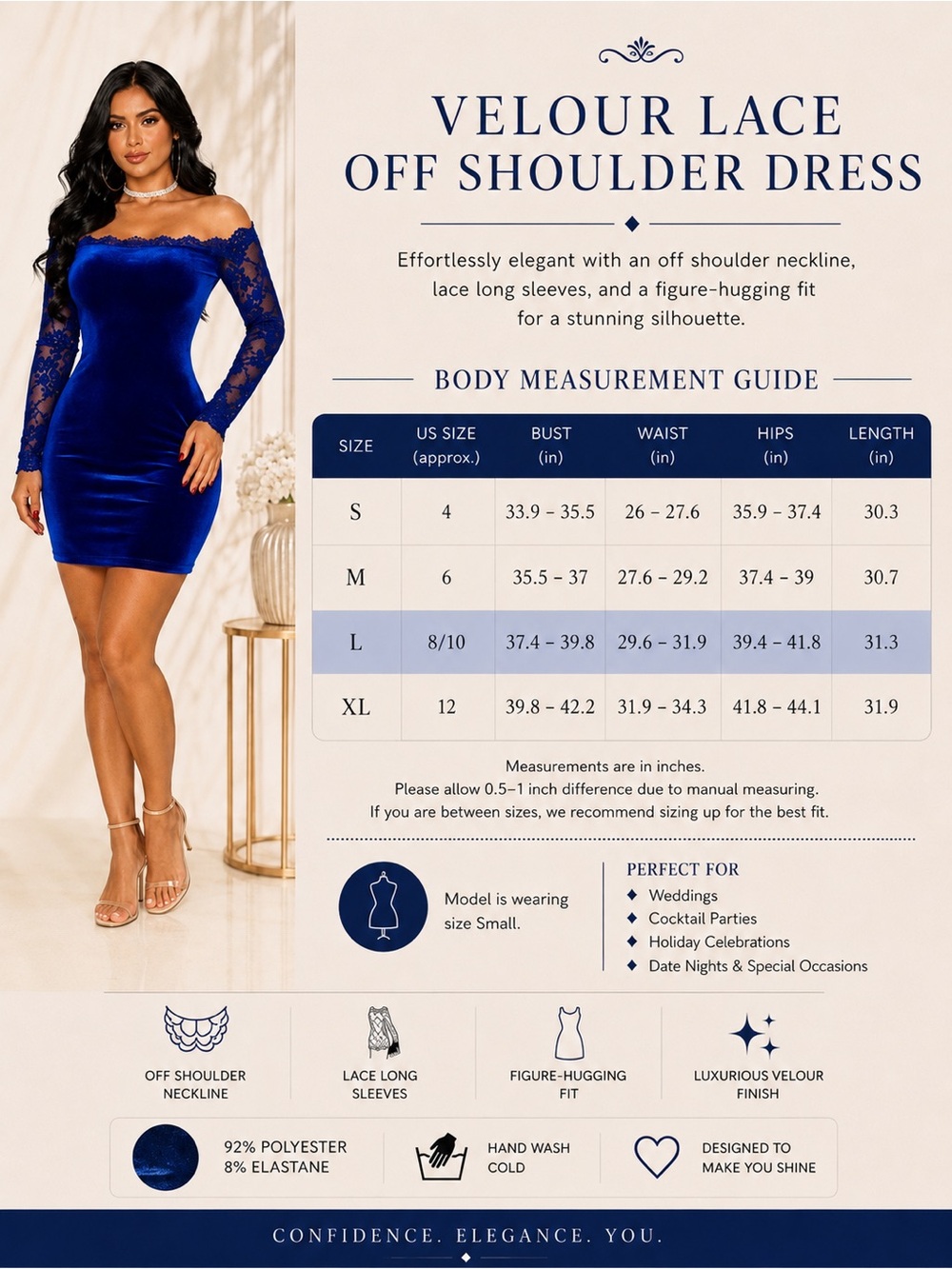Royal Blue Off Shoulder Velour Lace Bodycon Mini Dress - Picture 6 of 10